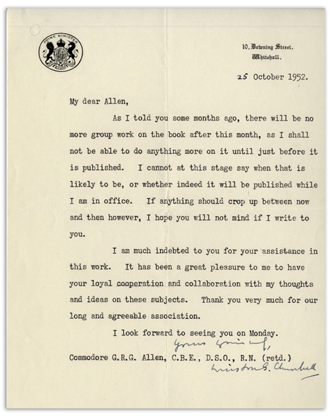 Winston Churchill Letter Signed as Prime Minister, Regarding His WWII Memoir, ''The Second World War''